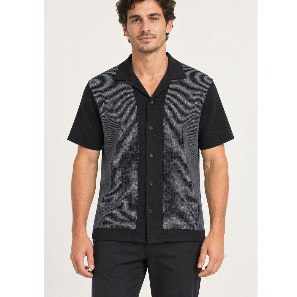 Rag & Bone Harvey Knit Camp Shirt Mens Large Black White Textured Button Up